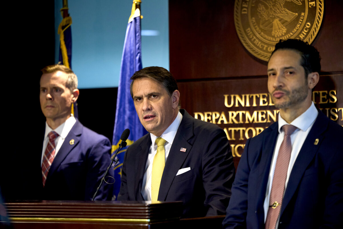 U.S. Attorney General Todd Blanche (C) gives a news conference about people charged in the takedown of Puerto Rican drug gang “Los Baja Deo” (LBD) in San Juan, Puerto Rico, on Aug. 27, 2026. (Stephanie Rojas/AP Photo)