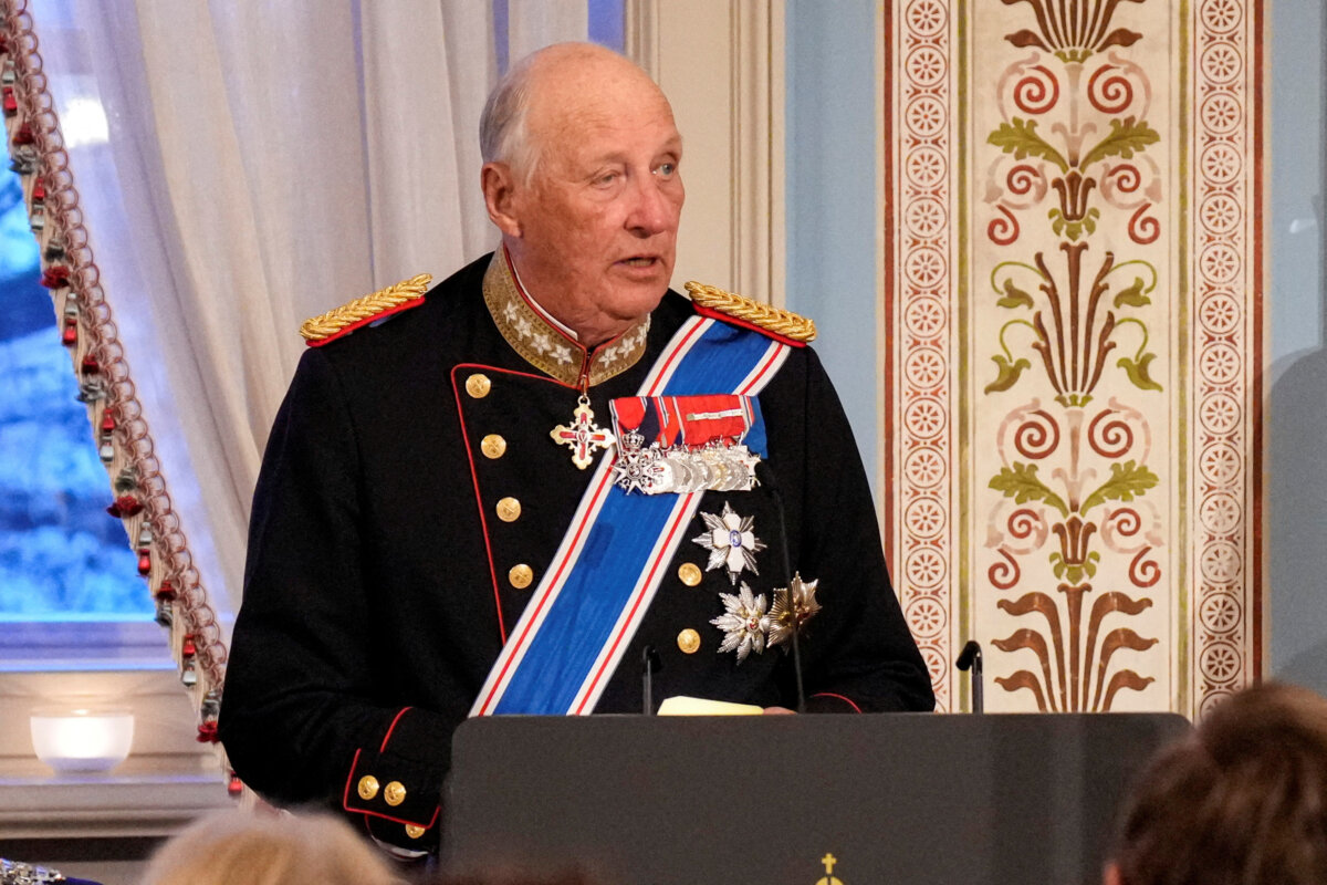 Norway's King Harald speaks during a gala dinner at the Palace in connection with the state visit of the Icelandic presidential couple, in Oslo, Norway, on April 8, 2025. (Fredrik Varfjell/NTB/Reuters)