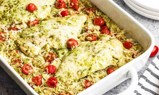 The Easiest One-Pan Pesto Chicken and Rice Bake