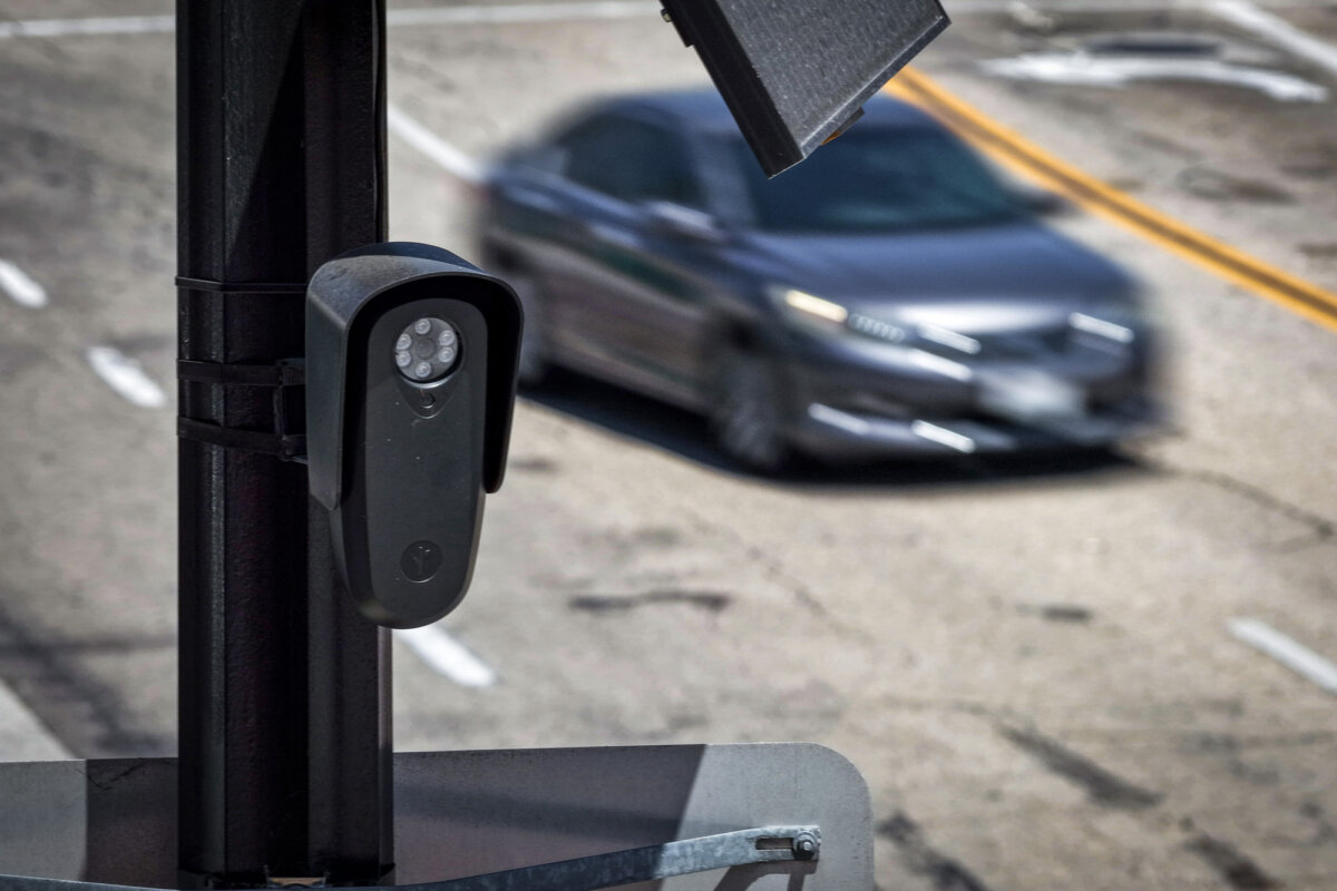 A Flock Safety camera in Burbank, Calif., on Aug. 3, 2026. The police department of neighboring Los Angeles recently ended its relationship with Flock Safety over civil liberties concerns. (Justin Sullivan/Getty Images)
