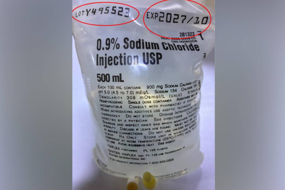 The recalled 0.9% Sodium Chloride Injection from Baxter International Inc. (Courtesy of the FDA)