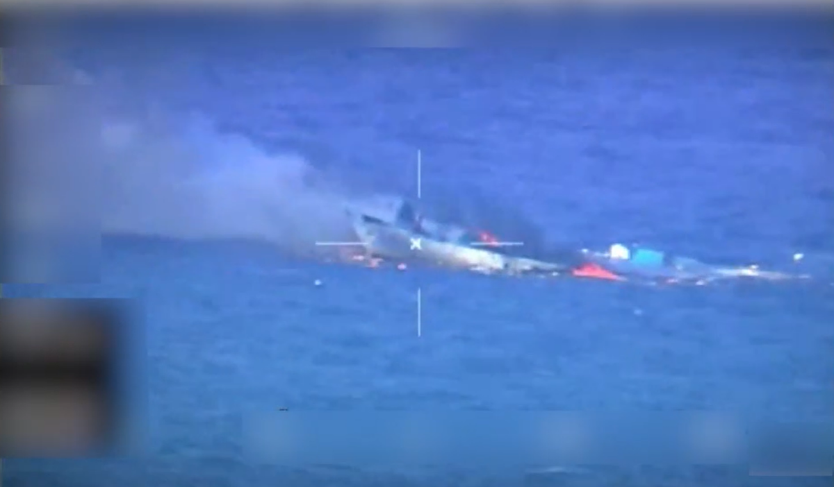 A vessel suspected of providing at-sea refueling for drug traffickers burns after being targeted by U.S. forces on Aug. 28, 2026. (U.S. Southern Command)
