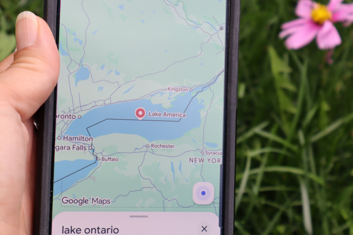 A search for "Lake Ontario" on Google Maps shows up as "Lake America," on Aug. 30, 2026. (AP Photo/Felicia Fonseca)