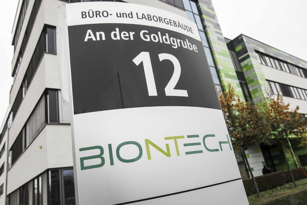 The logo of German company BioNTech at the company's headquarters in Mainz, Germany, on Nov. 12, 2020. (Daniel Roland/AFP via Getty Images)