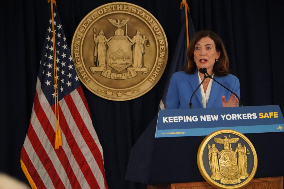 Gov. Kathy Hochul takes questions from the press in New York City on Sept. 1, 2026. (Nicholas Zifcak/The Epoch Times)