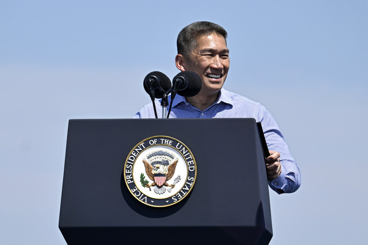 Acting Secretary of the Navy Hung Cao speaks during an International Naval Review aboard the USS Kearsarge in New York Harbor in New York City on July 4, 2026. (Vincent Alban/Getty Images)