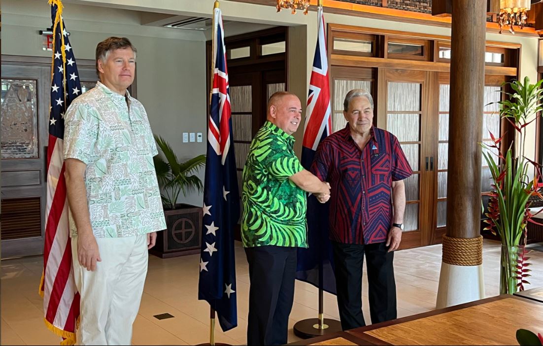 Deputy Secretary of State Christopher Landau, Cook Islands Prime Minister Mark Brown and New Zealand's Foreign Minister Winston Peters mark the signing of the Penrhyn Port Project in Palau. (Courtesy of the US State Department).