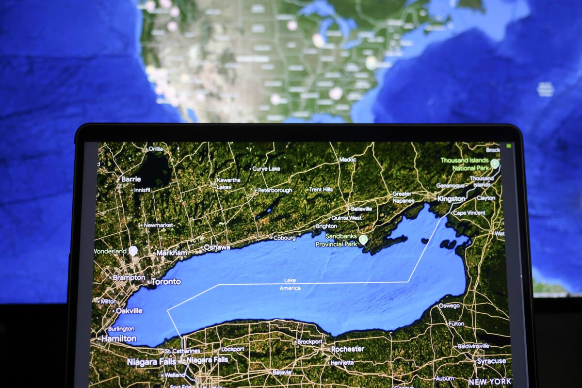In this photo of a computer screen, a Google Maps view showing Lake Ontario labeled as Lake America is displayed in La Habra, Calif., on Monday, Aug. 31, 2026. (AP Photo/Jae C. Hong)