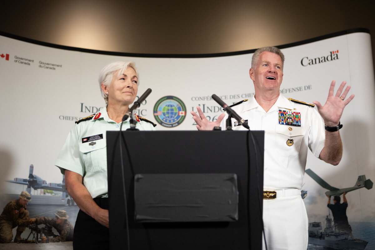 Canada's Chief of the Defence Staff Gen. Jennie Carignan and U.S. Pacific Command Adm. Samuel Paparo hold a joint press conference during the 28th annual Indo-Pacific Chiefs of Defense Conference in Victoria, on Sept. 2, 2026. (The Canadian Press/Chad Hipolito)