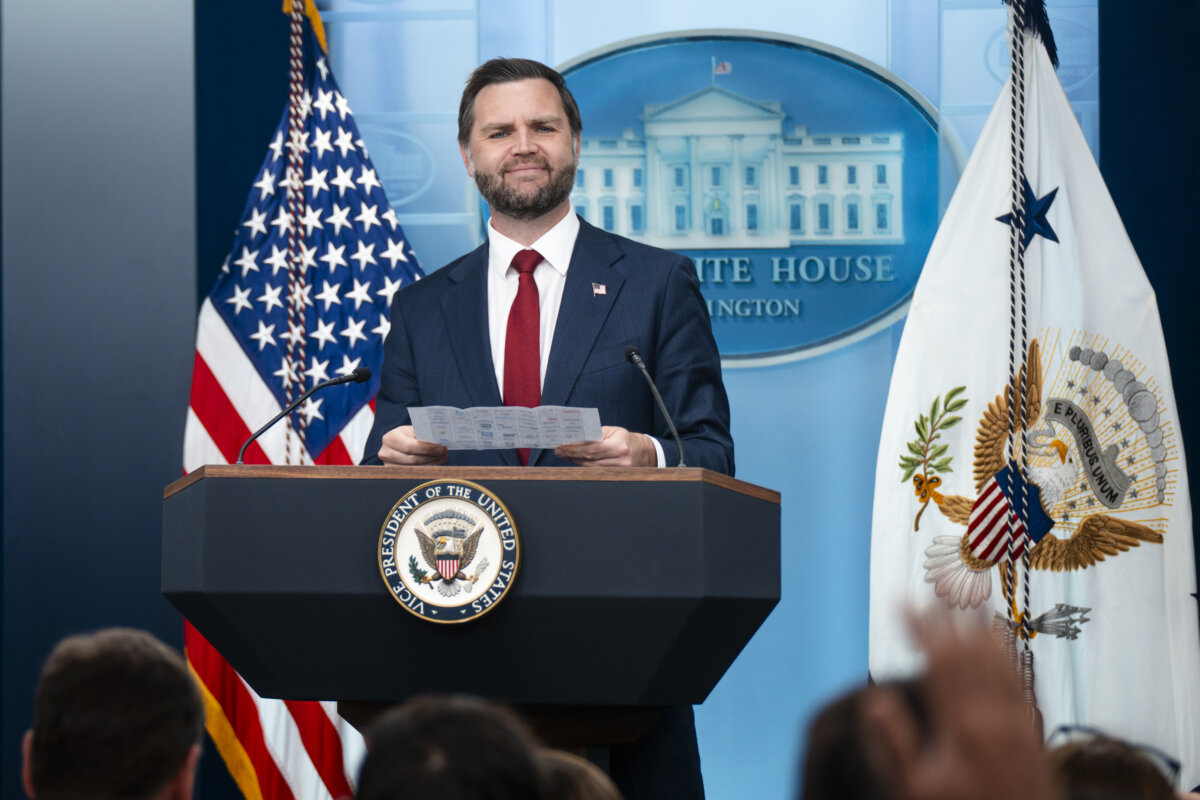 Vice President JD Vance speaks during a press briefing at the White House on Sept. 3, 2026. (Madalina Kilroy/The Epoch Times)