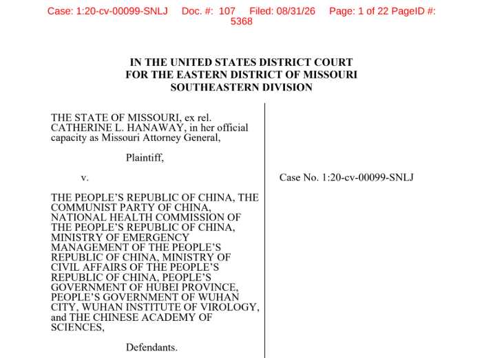 The first page of an Aug. 31, 2026, federal court filing by Hubei Province and the Chinese Academy of Sciences seeking to set aside Missouri’s $24.5 billion default judgment over pandemic-era personal protective equipment and dismiss the case. (U.S. District Court for the Eastern District of Missouri)