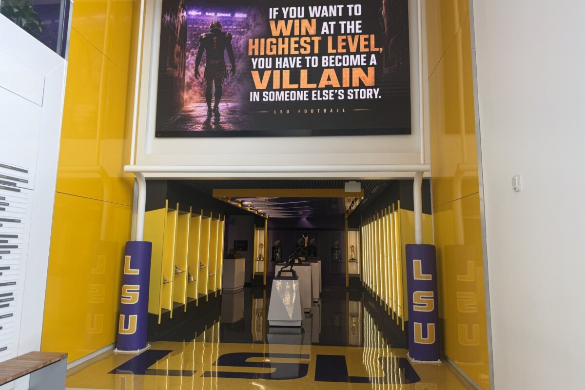 A quote hangs above a trophy display room near the entrance of the LSU Football Operations Center in Baton Rouge, La, on Aug. 31, 2026. (Brett Martel/AP Photo)