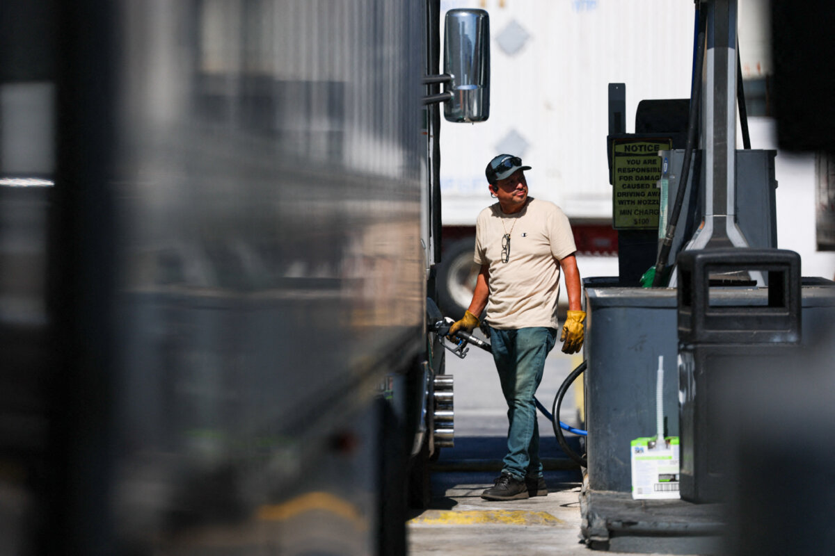 A truck is refueled with diesel at a truck stop in Commerce, Calif. on Aug. 26, 2026. (Patrick T. Fallon/AFP via Getty Images)