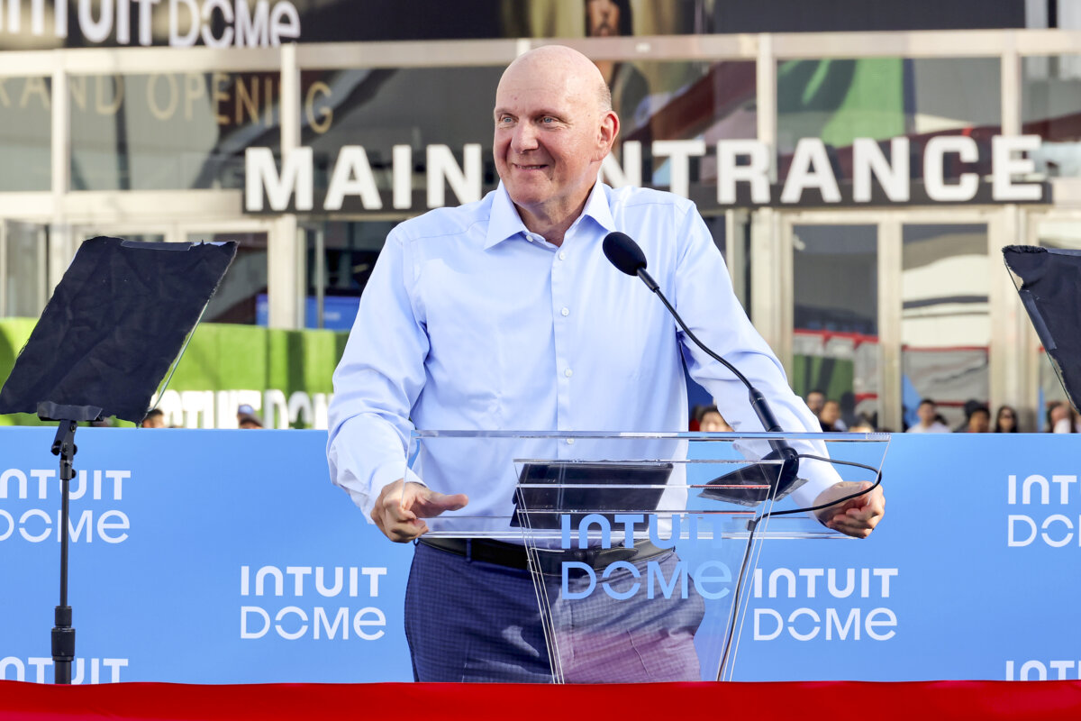 Steve Ballmer, owner of the Los Angeles Clippers, speaks onstage at the Ribbon Cutting Ceremony during Opening Night of The Intuit Dome at Intuit Dome in Los Angeles on Aug. 15, 2024. (Photo by Kevin Winter/Getty Images)