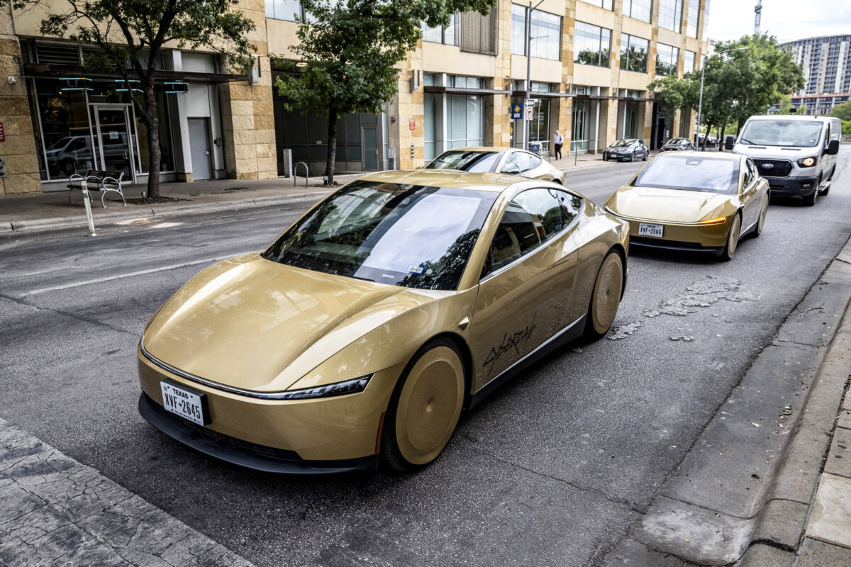A couple of Tesla's "Cybercab" are seen on the street in downtown Austin, Texas, on Sept. 3, 2026. (Ronaldo Schemidt/AFP via Getty Images)