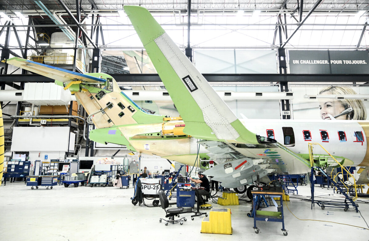 A Bombardier Challenger aircraft under construction at the Bombardier manufacturing facility in Montreal, Quebec, Canada, on Feb. 18, 2025. (Graham Hughes/AFP via Getty Images)