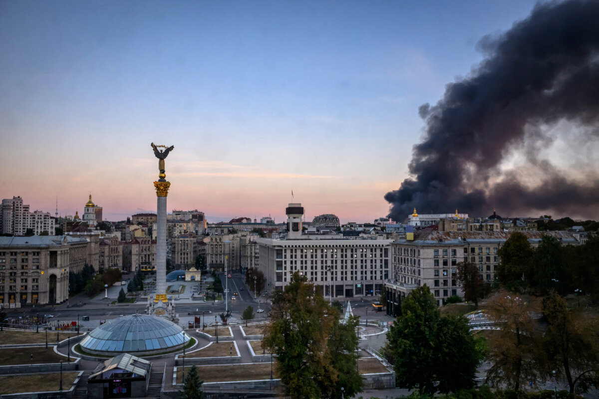 This photograph shows smoke rising over buildings following Russian air attacks, Kyiv, Ukraine, on Sept. 8, 2026. (Mladen Antonov/AFP via Getty Images)