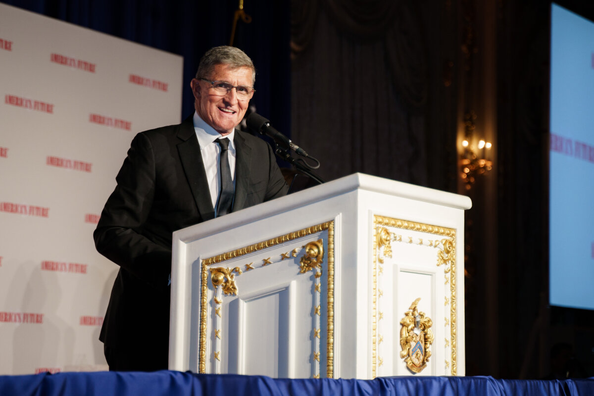 General Michael Flynn, founder of America’s Future, speaks in West Palm Beach, Fla., on February 18, 2025. (Katherine Lee/The Epoch Times)