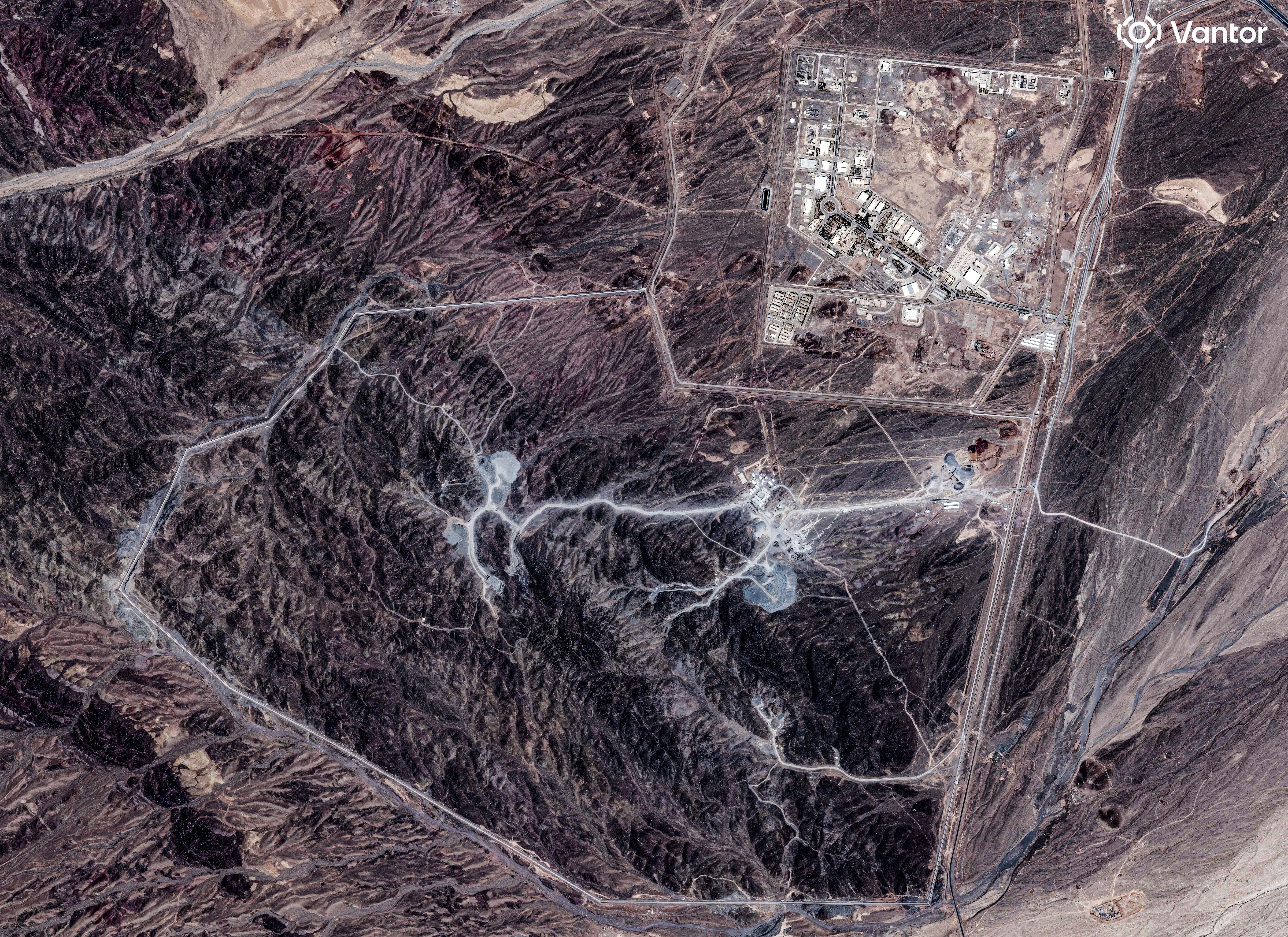 A satellite image of Natanz nuclear facility and Pickaxe Mountain, near Natanz in Iran