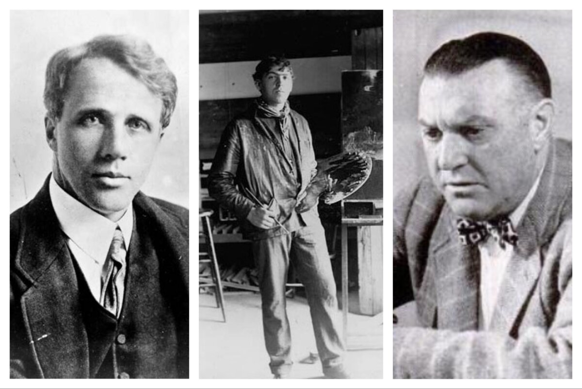 (Left) Poet Robert Frost, circa 1910. (Center) Artist N.C. Wyeth, circa 1903. (Right) Historical novelist Kenneth Roberts, 1940, were all influenced by what they read, as shown in their literary and artistic output. (Public Domain)