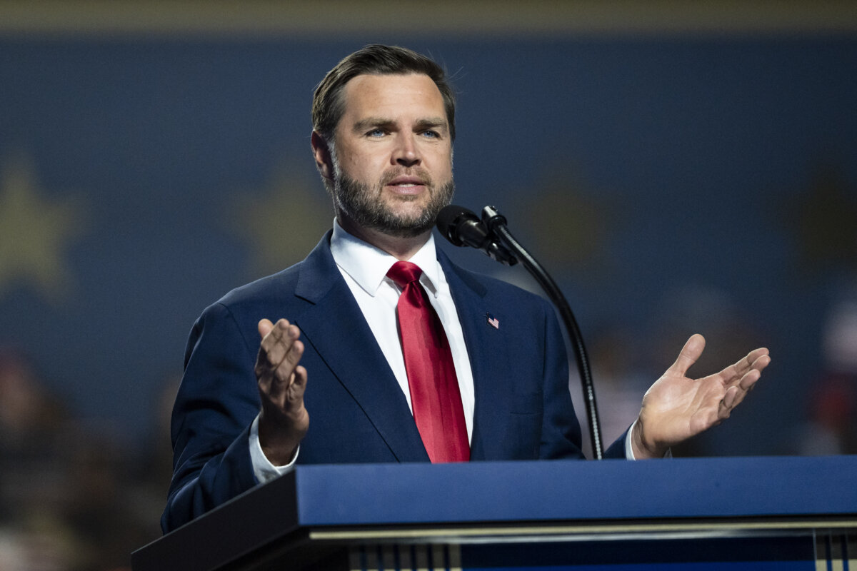 Vice President JD Vance speaks during the second day of the 2026 Republican Midterm Convention in Dallas on Sept. 10, 2026. (Madalina Kilroy/The Epoch Times)
