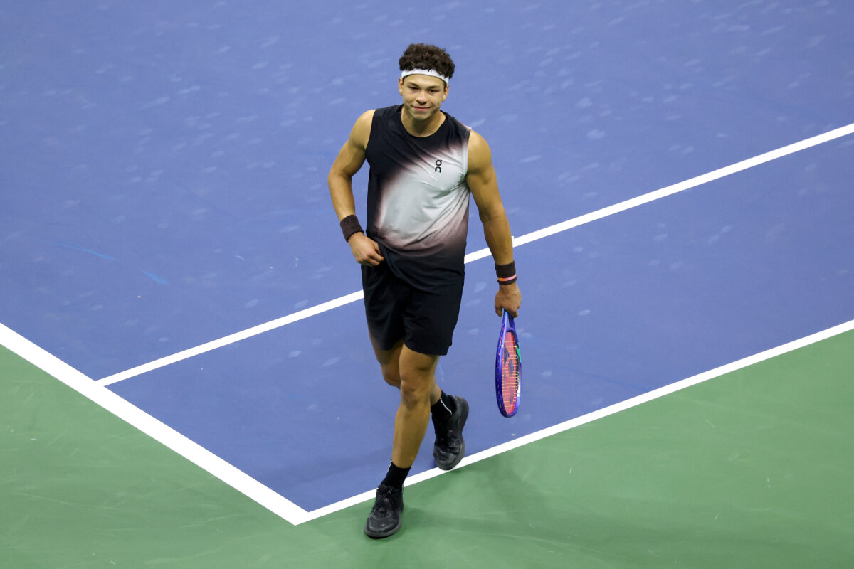 Ben Shelton of the United States celebrates after defeating Frances Tiafoe of the United States in their Men's Semifinal match on Day Thirteen of the 2026 US Open at USTA Billie Jean King National Tennis Center in the Flushing neighborhood of the Queens borough of New York City on Sept. 11, 2026. (Matthew Stockman/Getty Images)