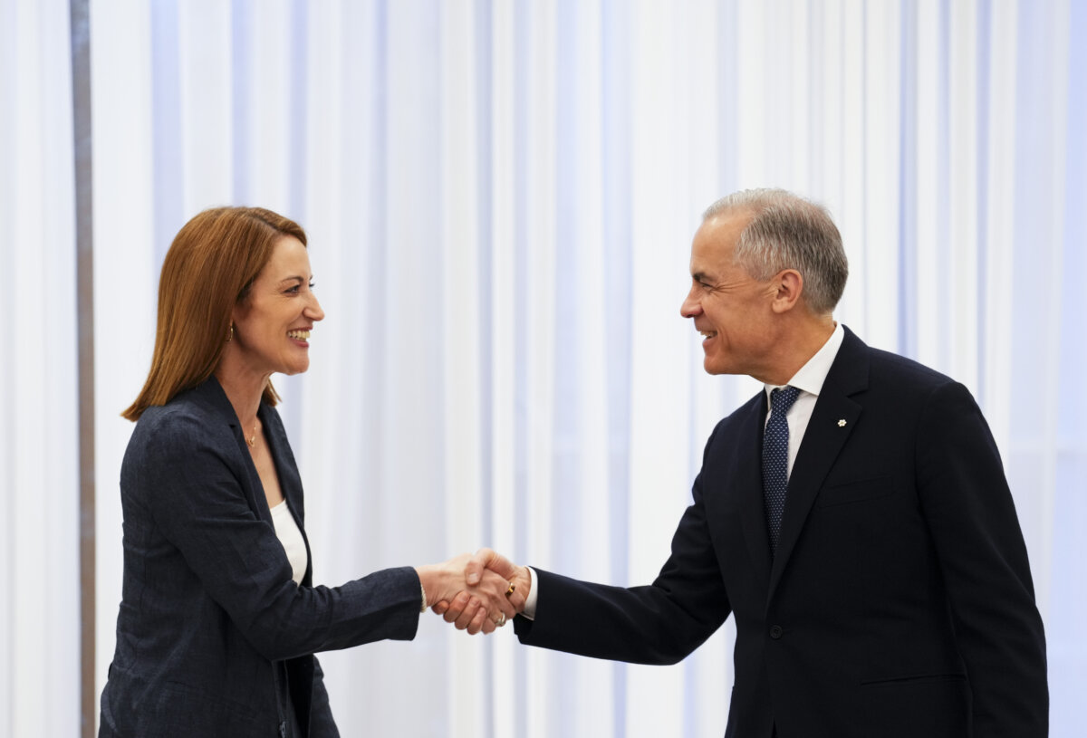 Canadian Prime Minister Mark Carney meets with European Parliament President Roberta Metsola in Yerevan, Armenia, on May 3, 2026. (The Canadian Press/Sean Kilpatrick)