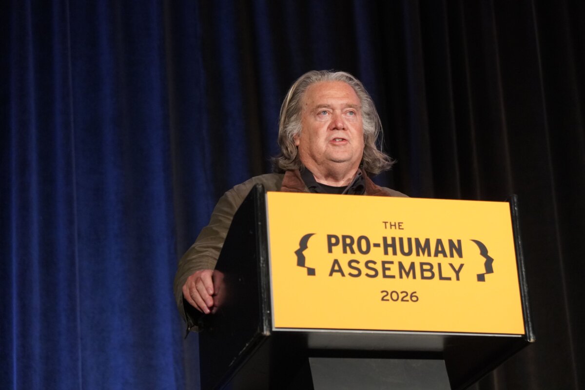 Steve Bannon speaks at the Pro-Human Assembly, a gathering critical of artificial intelligence advances, in Washington on Sept. 15, 2026. (Nathan Worcester/Epoch Times)