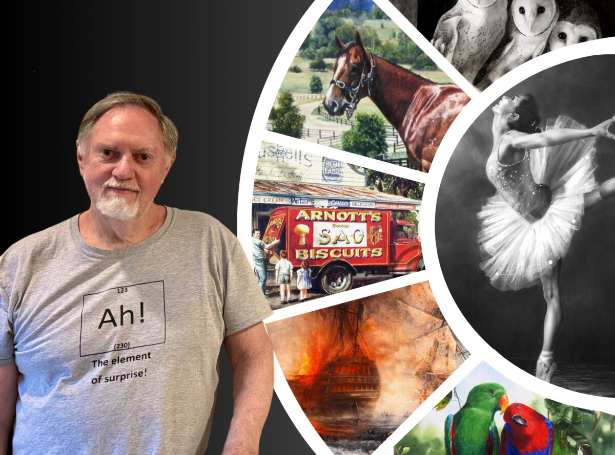 Australian classical realist artist Gordon Hanley, the country's first "Living Master" of the US-based Art Renewal Center. Hanley has mastered oil, watercolour, and he's current focus is the Renaissance era "metalpoint." (Illustration by The Epoch Times, Daniel Y. Teng, Images courtesy of Gordon Hanley)