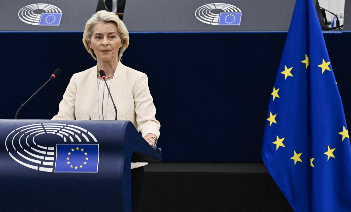European Commission President Ursula von der Leyen delivers a speech during her annual State of the Union address at a plenary session of the European Parliament in Strasbourg, France, on Sept. 16, 2026. (Jean-Christophe Verhaegen/AFP via Getty Images)