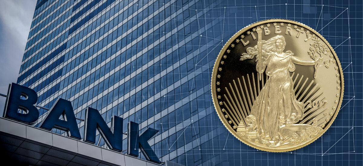 Photo illustration: Physical gold and the emerging digital financial system. American Gold Eagle photograph: Courtesy of Brighton Enterprises | Bank photograph: Alberto Grosescu