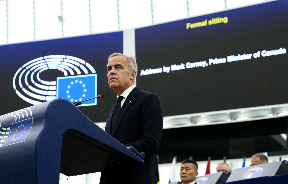 Prime Minister Mark Carney addresses the European Parliament in Strasbourg, France, on Sept. 17, 2026. (The Canadian Press/Justin Tang)