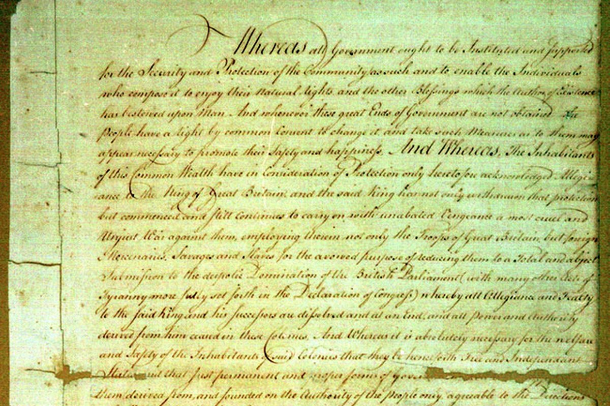“A frequent recurrence to fundamental principles, and a firm adherence to justice, moderation, temperance, industry, and frugality are absolutely necessary to preserve the blessings of liberty,” Pennsylvania’s 1776 Constitution stated. Pictured: First page of the Pennsylvania 1776 Constitution. (State of Pennsylvania, Public Domain)