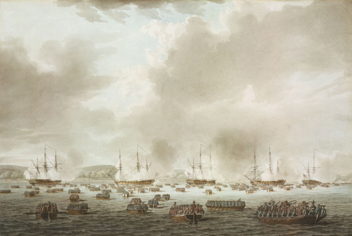 "The British landing at Kip's Bay, New York Island, Sept. 15, 1776," 1777, by Robert Cleveley. Royal Museums Greenwich. (Public Domain)