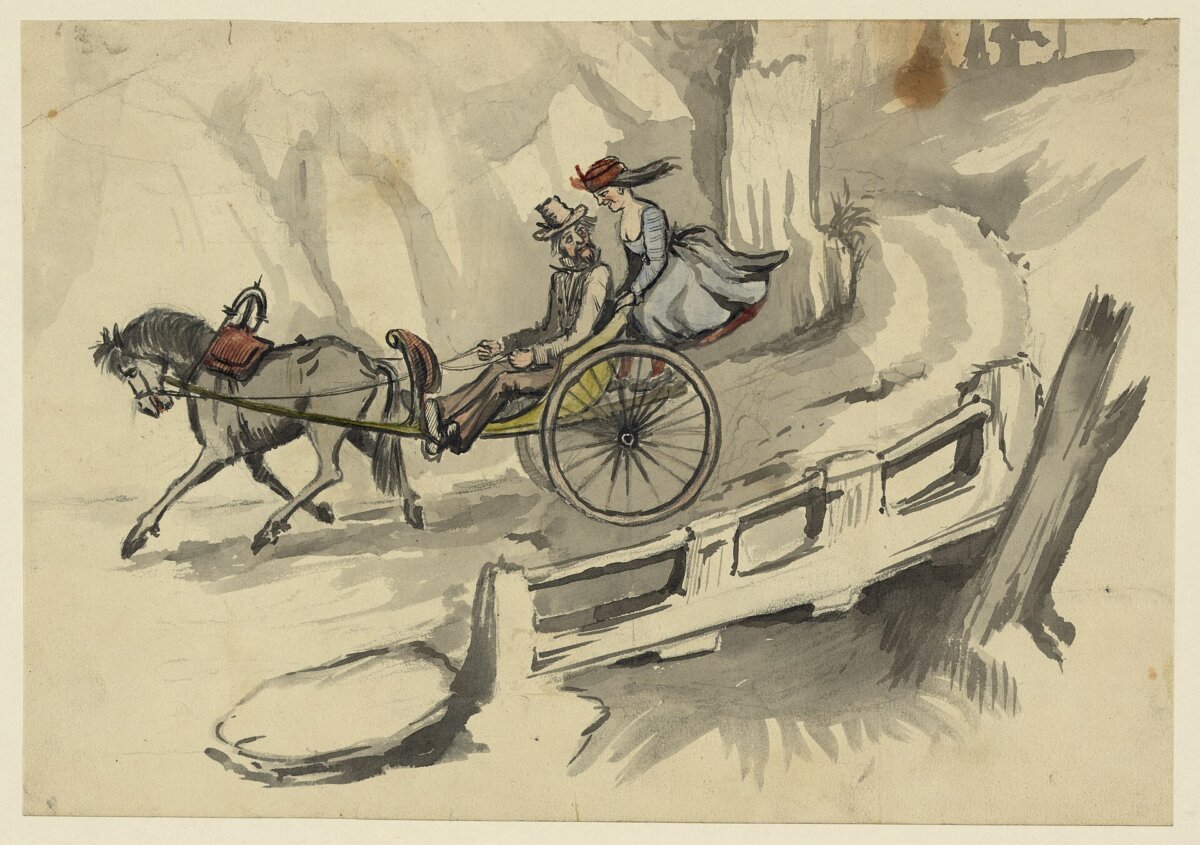 "Man and Woman Riding in Horse-Drawn Cart," 1856, Bayard Taylor. After 15 unfruitful years of courtship, Jerome Irving makes a new move, in this short story. (Public Domain)
