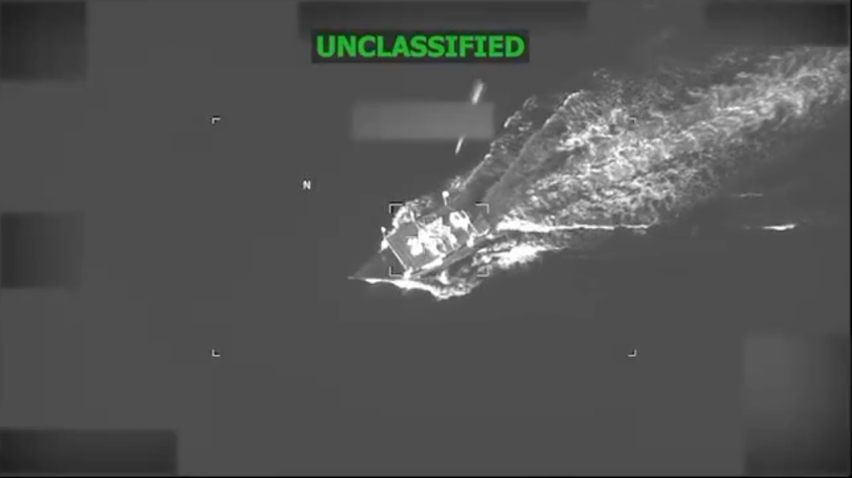 U.S. military strikes an alleged drug vessel operating along established narco-trafficking routes in the Caribbean on Sept. 19, 2026. (U.S. Southern Command/Screenshot via The Epoch Times)