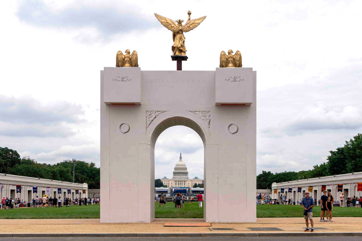 A mockup of President Donald Trump's proposed triumphal arch stands at the Great American State Fair on the National Mall in Washington on June 27, 2026. (Jen Golbeck/AP Photo)