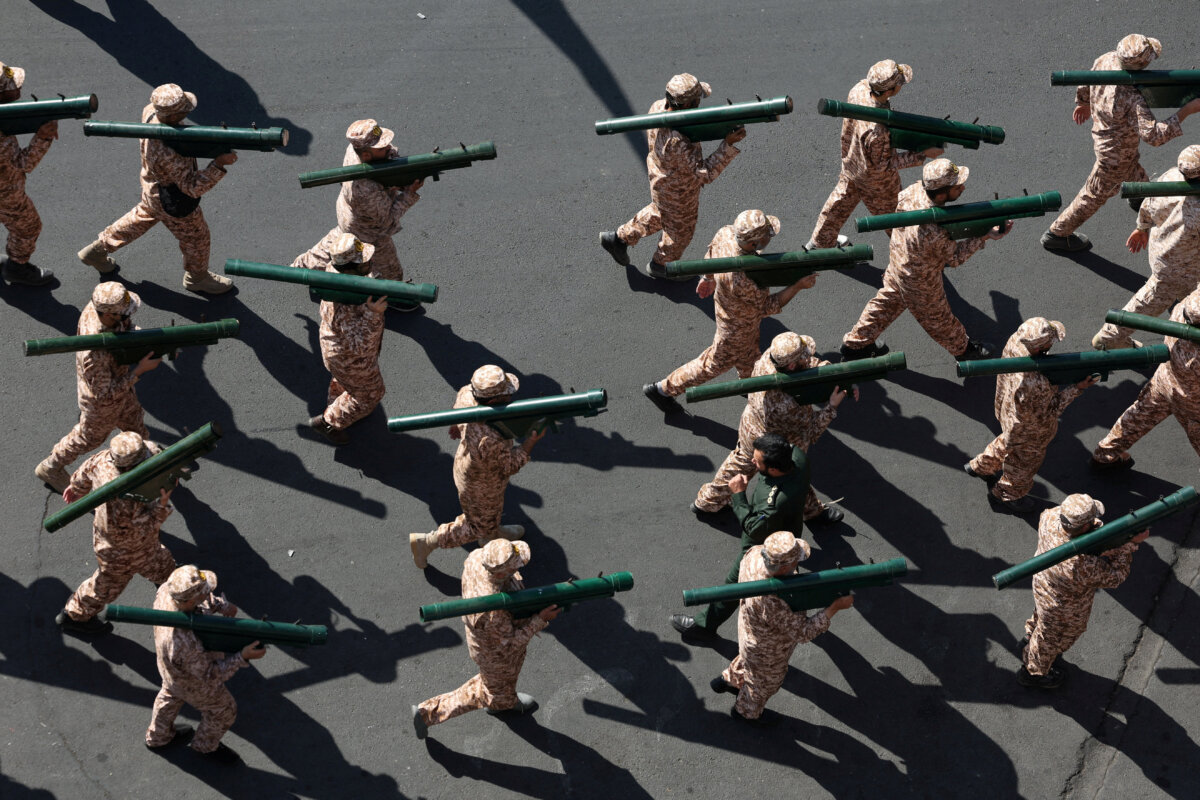 Members of Iranian militia forces (Basij) attend a military march in Tehran, Iran, on Sept. 18, 2026. (Majid Asgaripou/ West Asia News Agency via Reuters)