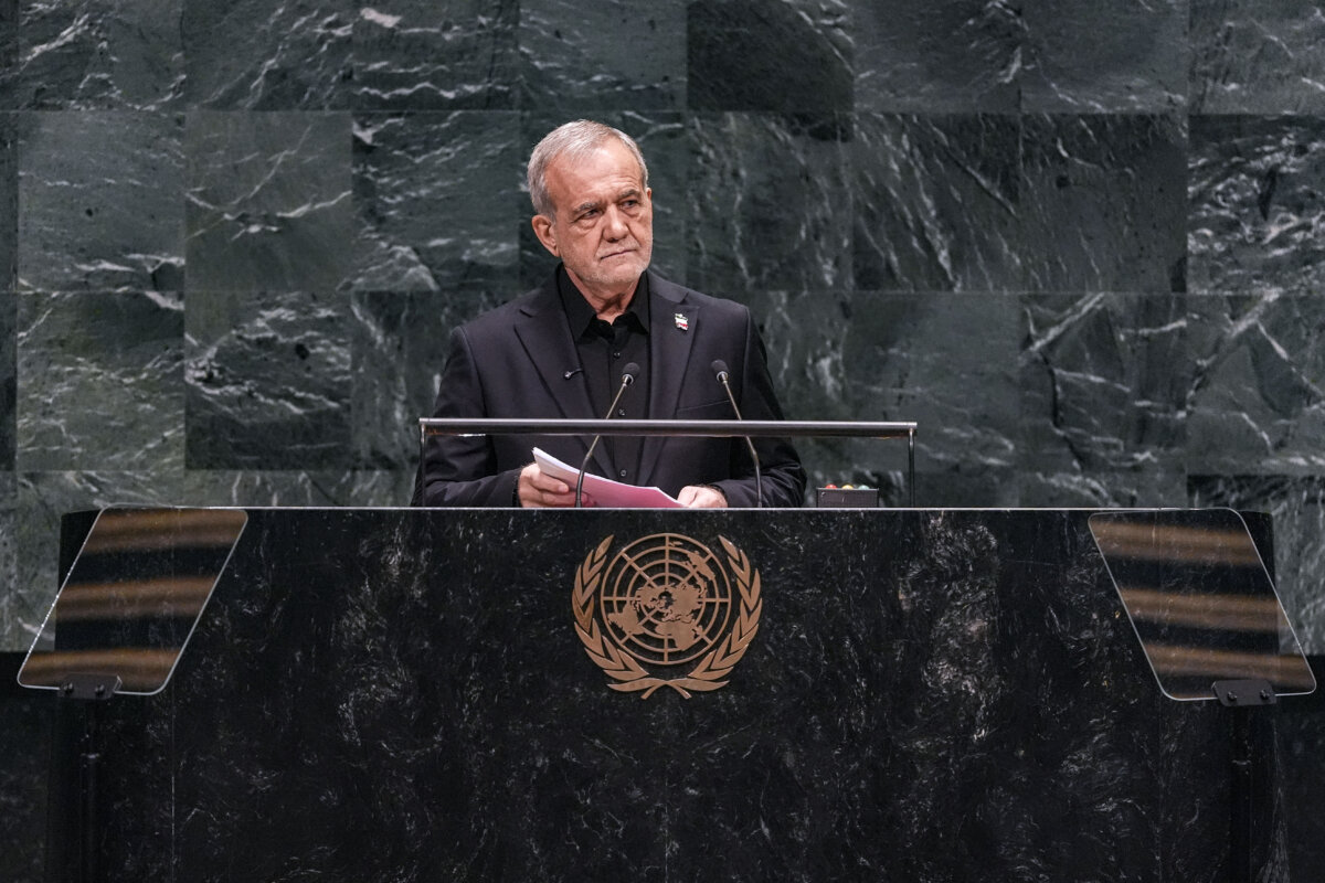 Iran's President Masoud Pezeshkian speaks during the 81st session of the United Nations General Assembly at United Nations headquarters on Sept. 23, 2026. (Heather Khalifa/AP Photo)