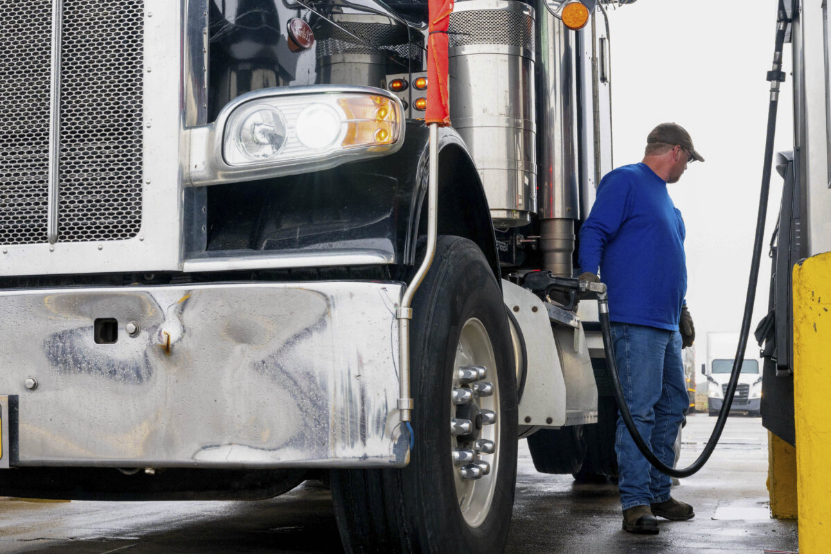 A semi-truck is refilled at a service station in Lockhart, Texas, on March 9, 2026. (Brandon Bell/Getty Images)