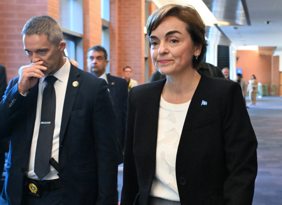 Coalition Avenir Québec Leader Christine Frechette walks to speak to reporters while at the Federation quebecois des Municipalities (FQM) in Quebec City, on Sept. 25, 2026. (The Canadian Press/Jacques Boissinot)