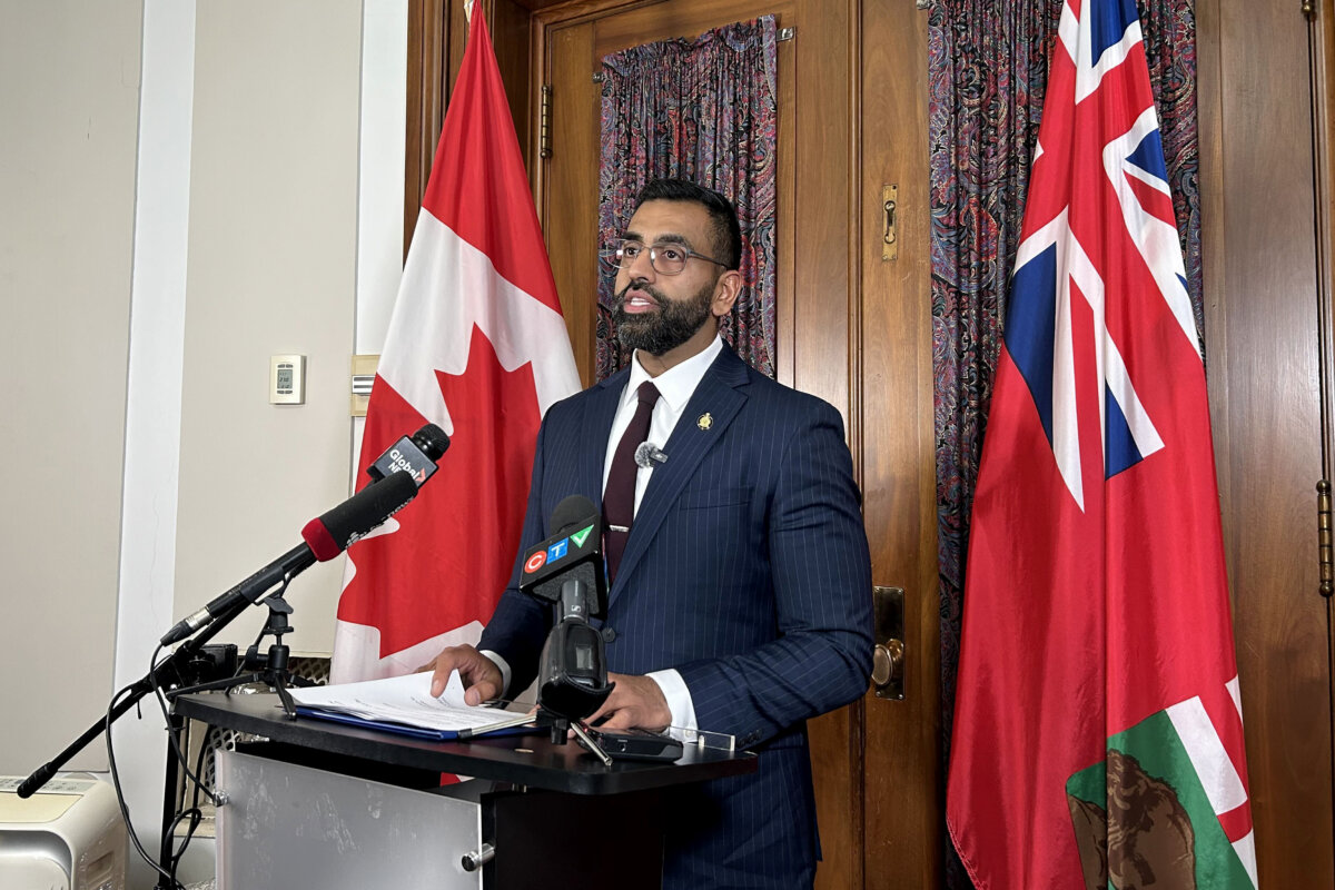 Manitoba Progressive Conservative Party Leader Obby Khan makes an announcement on his resignation at the Legislative Building in Winnipeg, on Sept. 28, 2026. (The Canadian Press/Brittany Hobson)