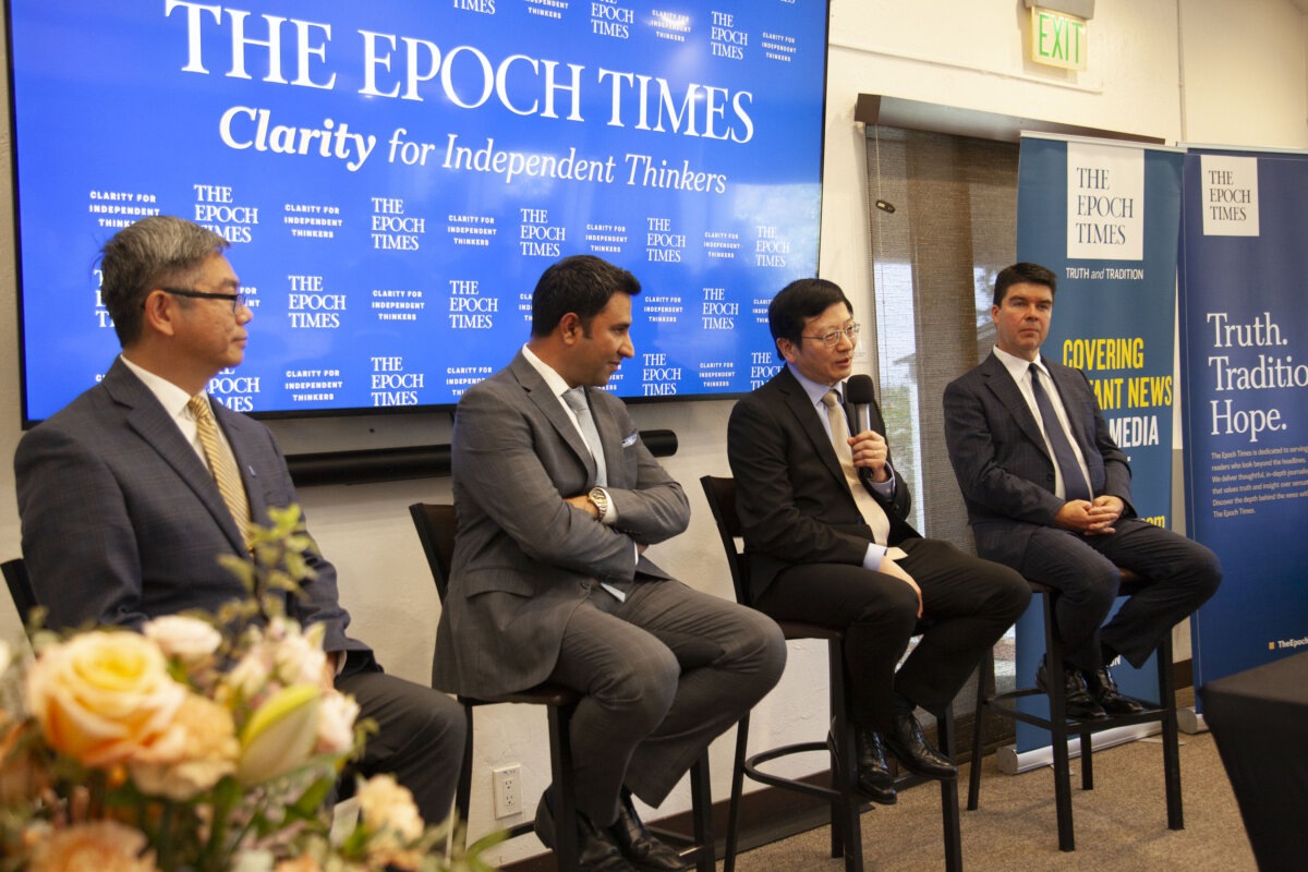 Insider Forum speakers (L-R) CFO William Cheung, Siyamak Khorrami, CEO Samuel Zhou, and Steve Ispas in Palo Alto, Calif., on Sept. 24. (Lear Zhou/The Epoch Times)