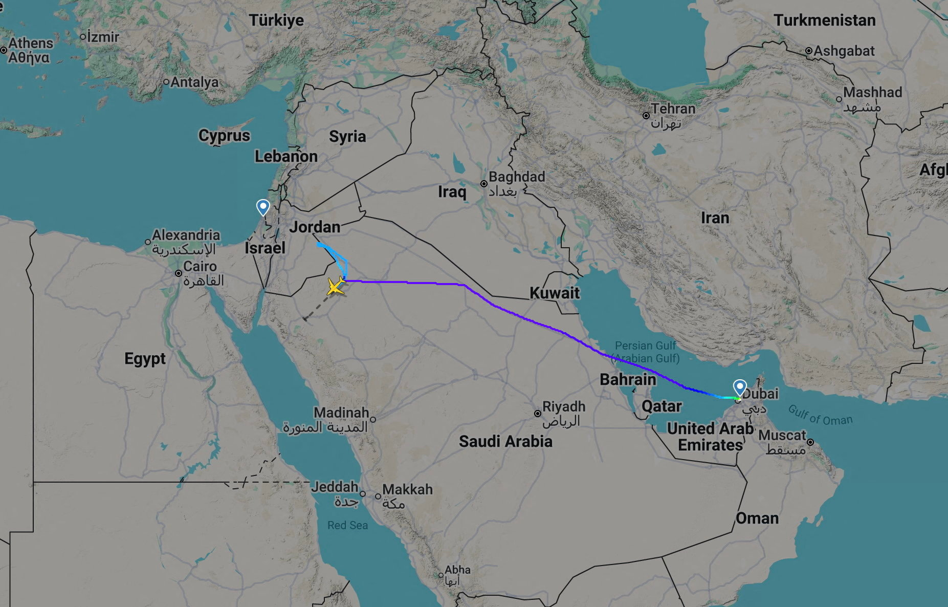 A screengrab taken from Flightradar24 shows a flydubai flight to Israel which was diverted to Saudi Arabia