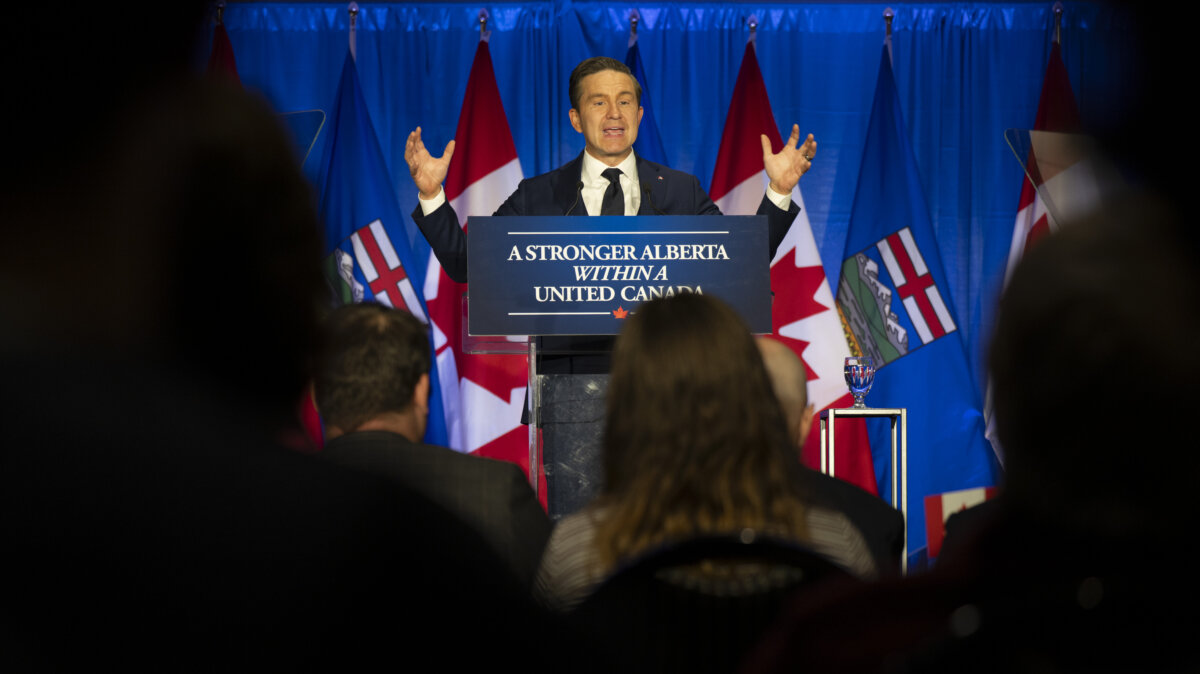 Conservative Leader Pierre Poilievre, delivers a speech on national unity in Edmonton on Sept. 29, 2026. (The Canadian Press/John Ulan)