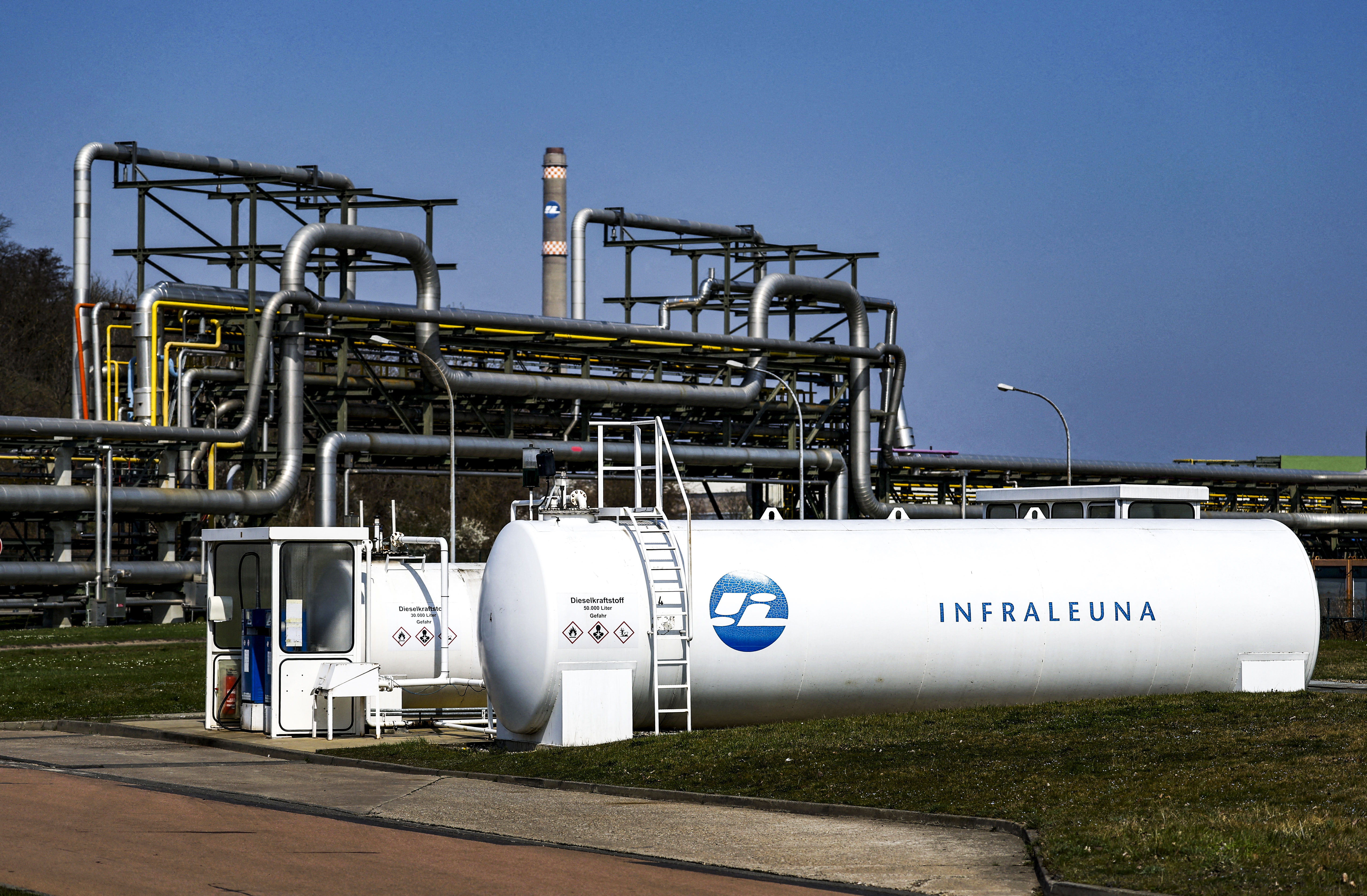 Fuel tanks with diesel are seen at the InfraLeuna industrial site, in Leuna