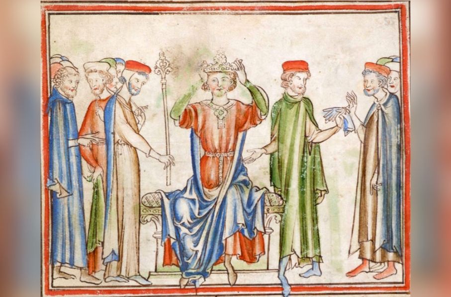 Depiction of King Harold II placing the crown on his own head after the death of Edward the Confessor in January 1066. (Public Domain)