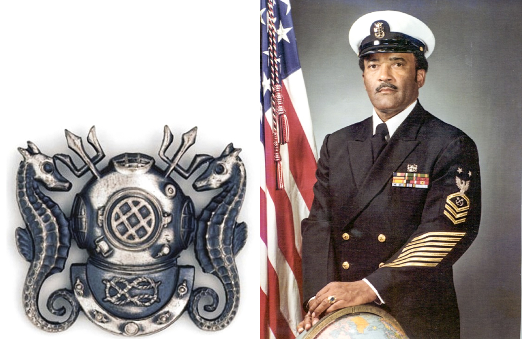 (Left) US Navy Master Diver insignia. (Right) Brashear as a Master Chief Petty Officer, circa 1970s. (Public Domain)