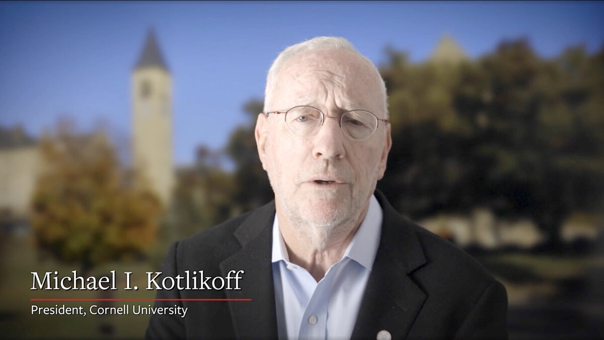 Cornell University president Michael Kotlikoff speaks during an eight-minute video address on Oct. 3, 2026. (Screenshot via The Epoch Times/Cornell University)