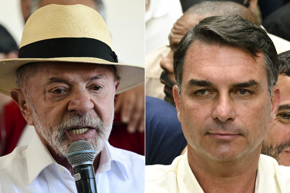 (Left) Brazil's President and re-election candidate for the Workers' Party (PT) Luiz Inacio Lula da Silva (R) speaks to the media after casting his vote during the presidential election at a polling station in Sao Bernardo do Campo, state of Sao Paulo, Brazil, on Oct. 4, 2026; (Right) Brazil's right-wing senator and presidential candidate for the Liberal Party (PL) Flavio Bolsonaro leaves a polling station after voting during the presidential election in Rio de Janeiro, Brazil, on Oct. 4, 2026. (Pablo Porciumcula and Mauro Pimentel/AFP via Getty Images)
